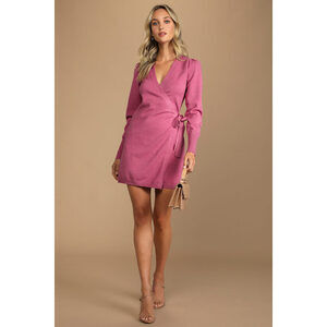 Lulus Fall Favorites Rose Pink Long Sleeve Wrap Sweater Mini Dress - Size M